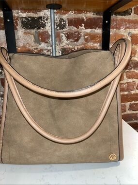 Joan & David Taupe Suede Tote with Leather Trim